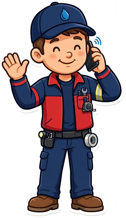 Friendly RestoreNov cartoon technician holding a phone and waving