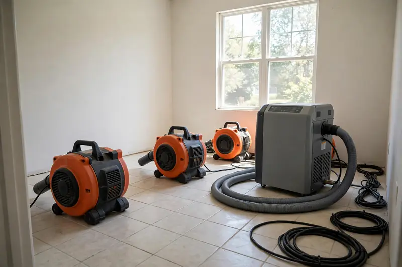 Air movers and a dehumidifier drying a room