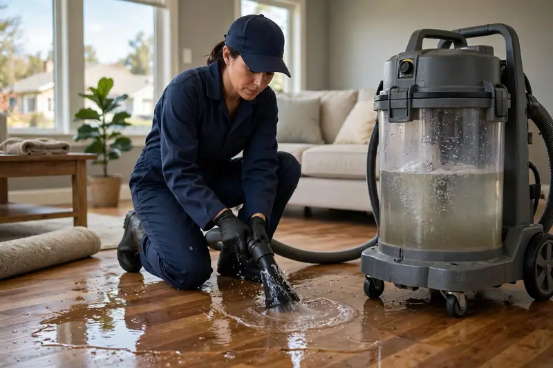 Technician extracting standing water from a living room floor