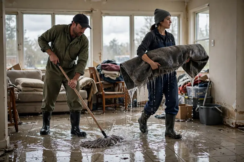 Crew cleaning a flooded home interior