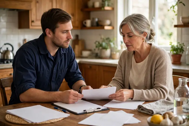 Technician reviewing claim paperwork with a homeowner at a kitchen table