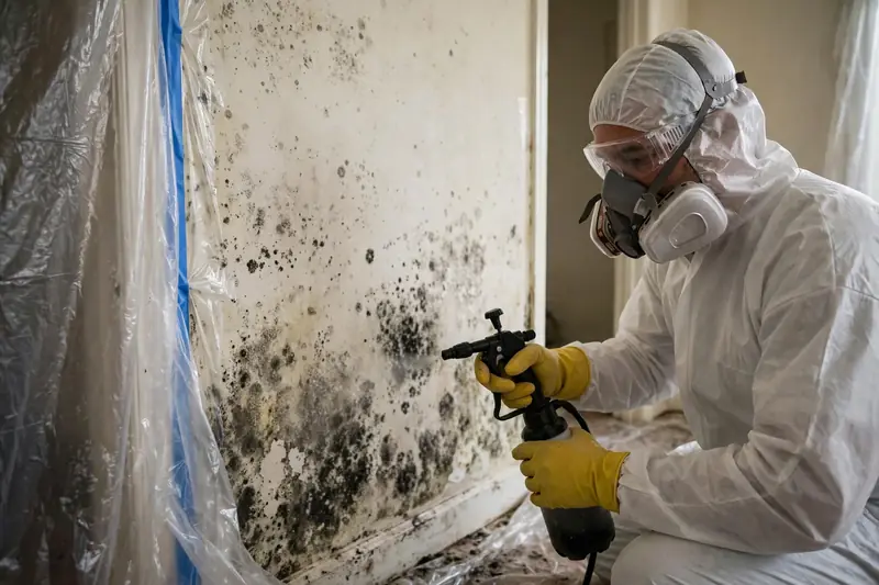 Technician in respirator and protective gear treating a wall for mold