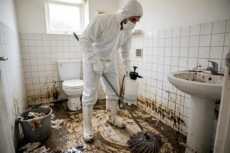 Technician in protective gear cleaning a bathroom after a sewage backup
