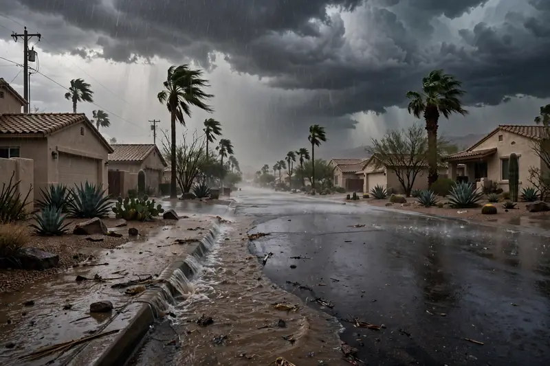 Heavy monsoon rain flooding a street in an Arizona suburb